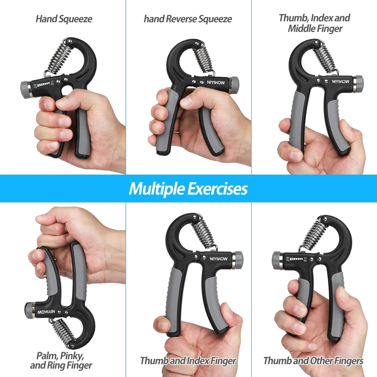 craques adjustable hand grip strengthener demonstrating multiple exercises for fingers and hand muscle training