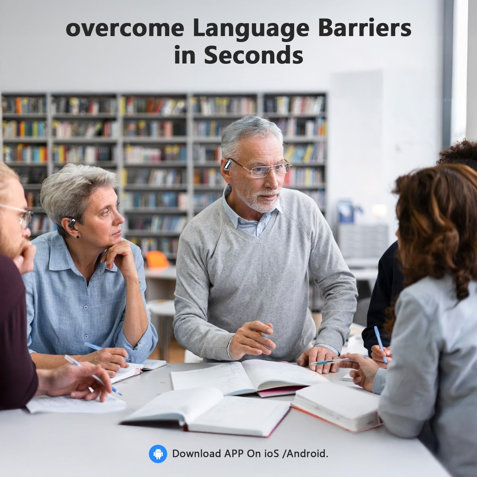Group of people wearing craques AI translation earbuds discussing and overcoming language barriers
