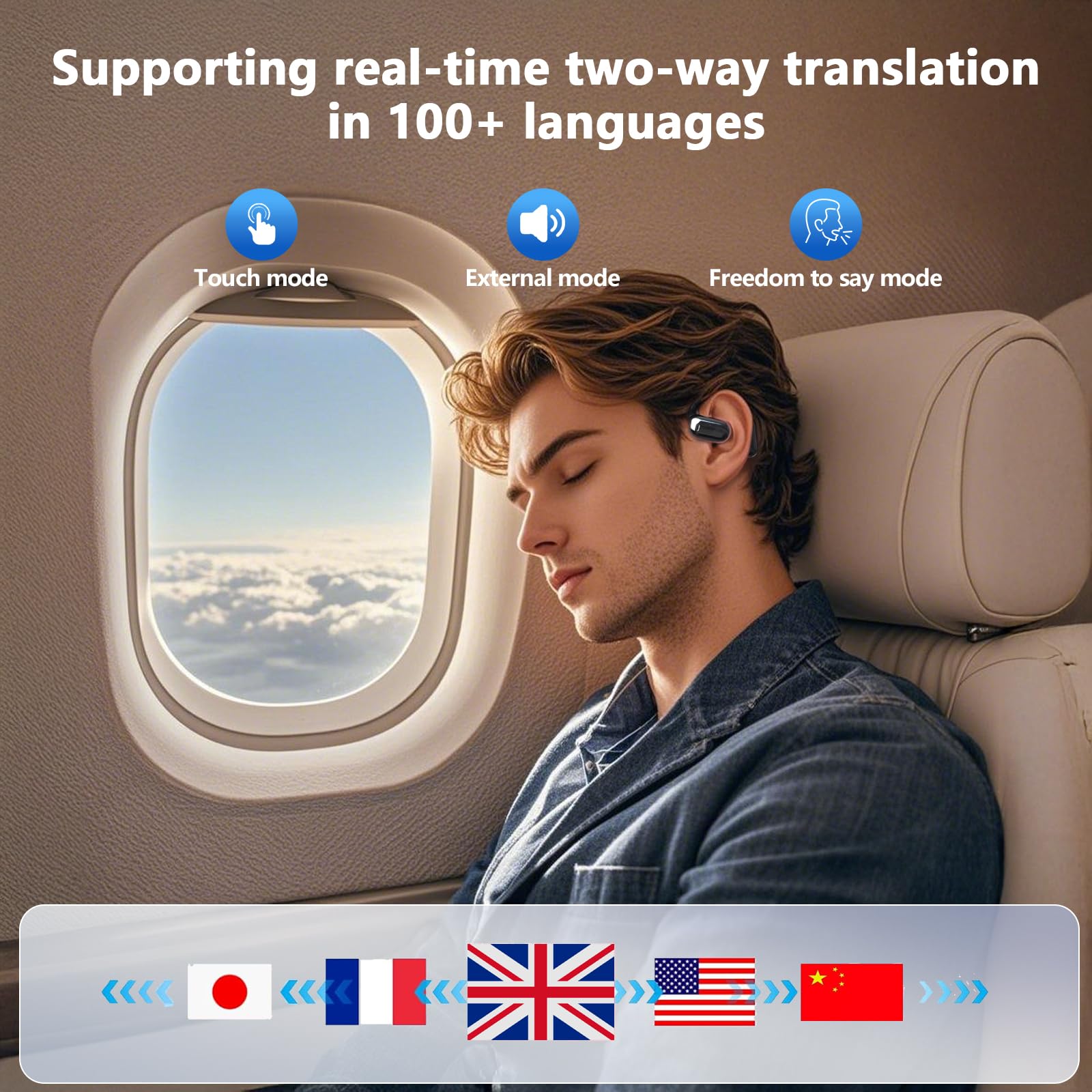 Man wearing craques AI translation earbuds on airplane supporting real-time two-way translation in 100 plus languages