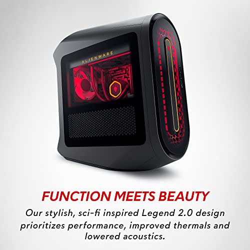 Alienware Aurora R15 gaming desktop with sci-fi inspired Legend 2.0 design and red interior lighting