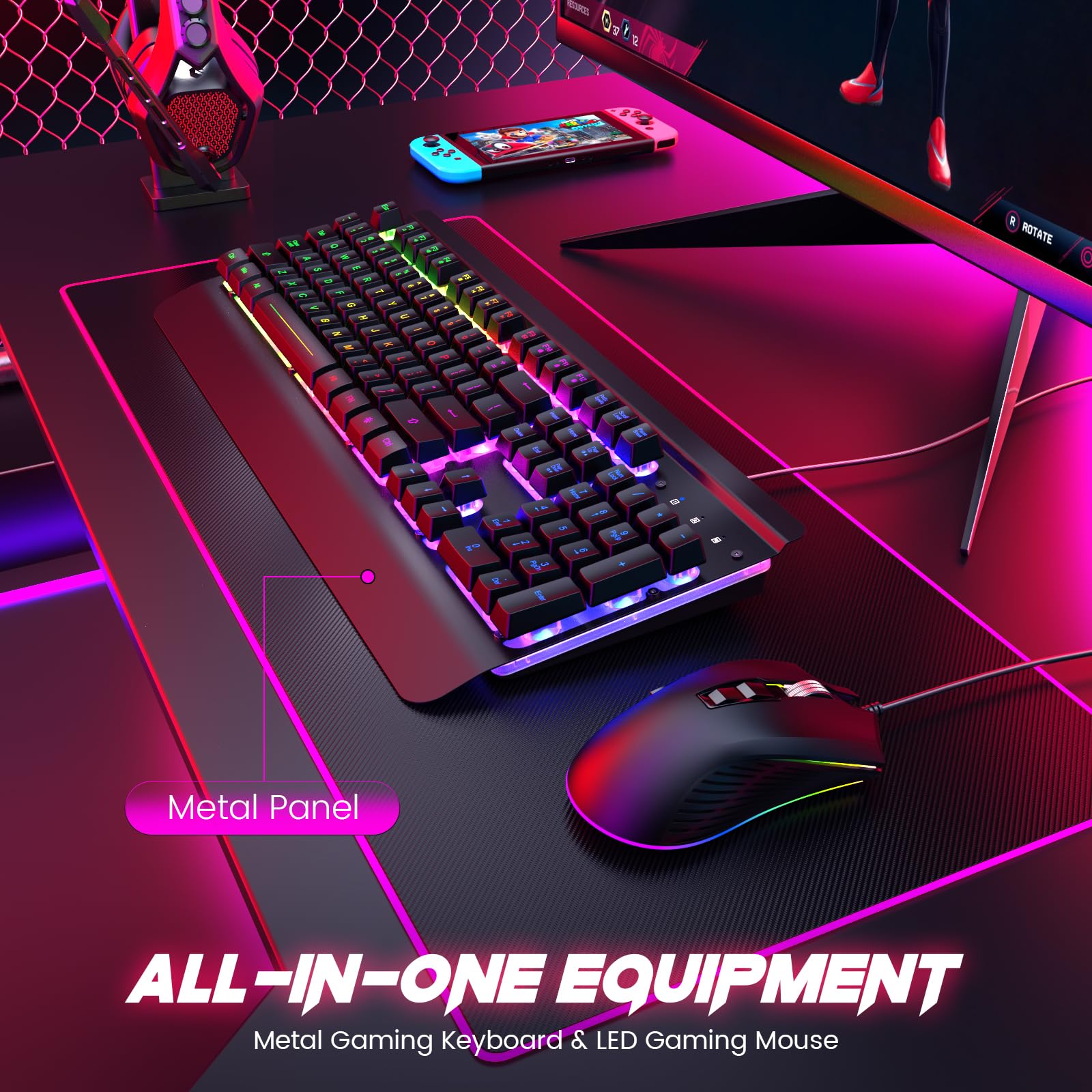 Craques all-metal RGB gaming keyboard with metal panel and LED gaming mouse on gaming desk