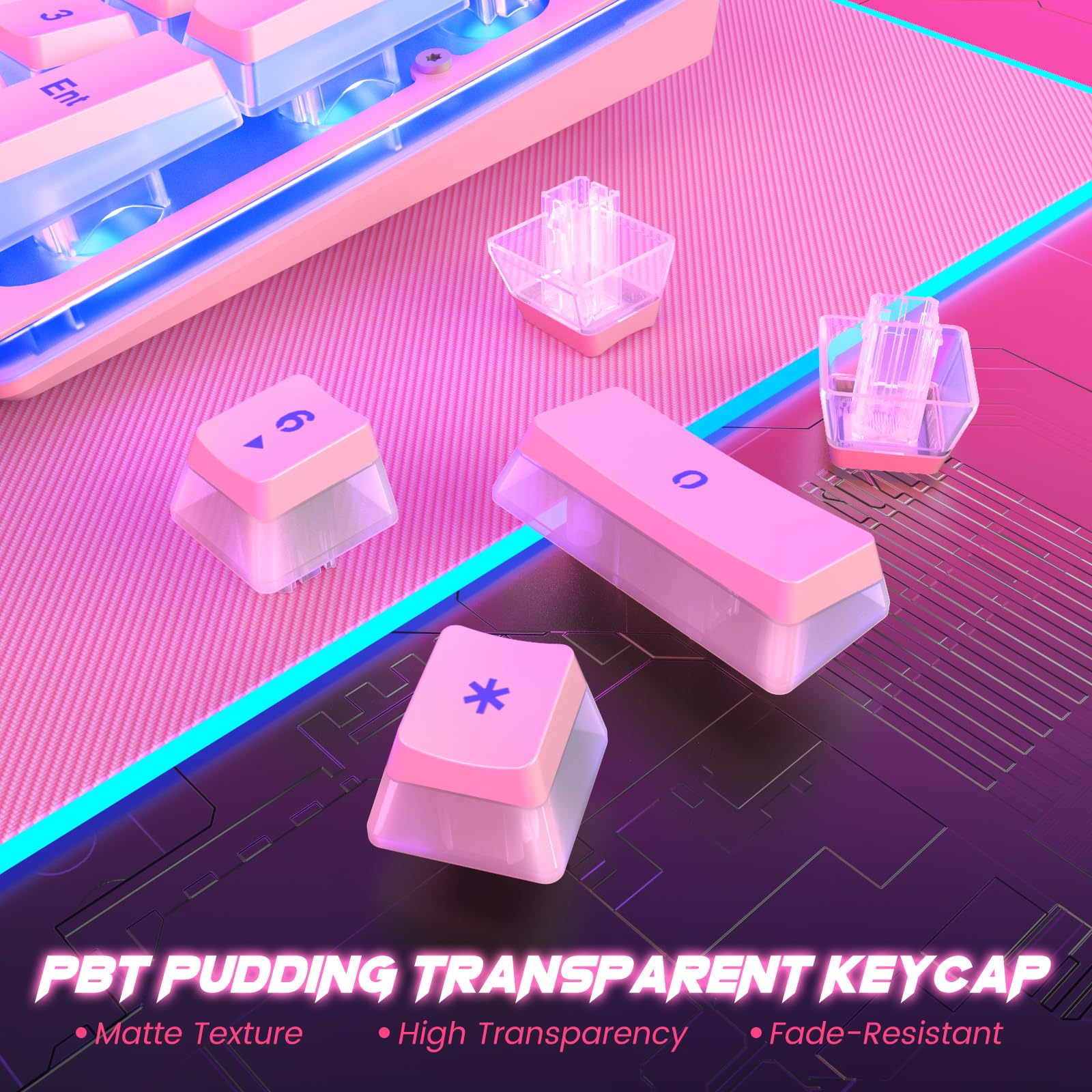 Craques all-metal RGB gaming keyboard with PBT pudding transparent keycaps showing matte texture and high transparency