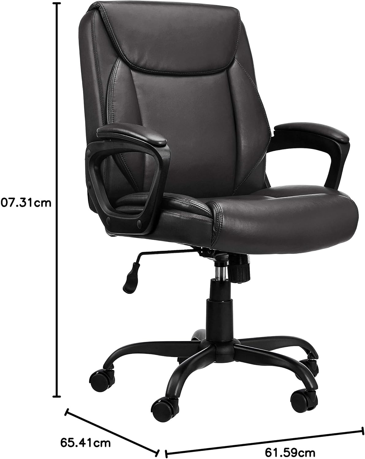 Black ergonomic office chair by craques with padded armrests and adjustable height on rolling base