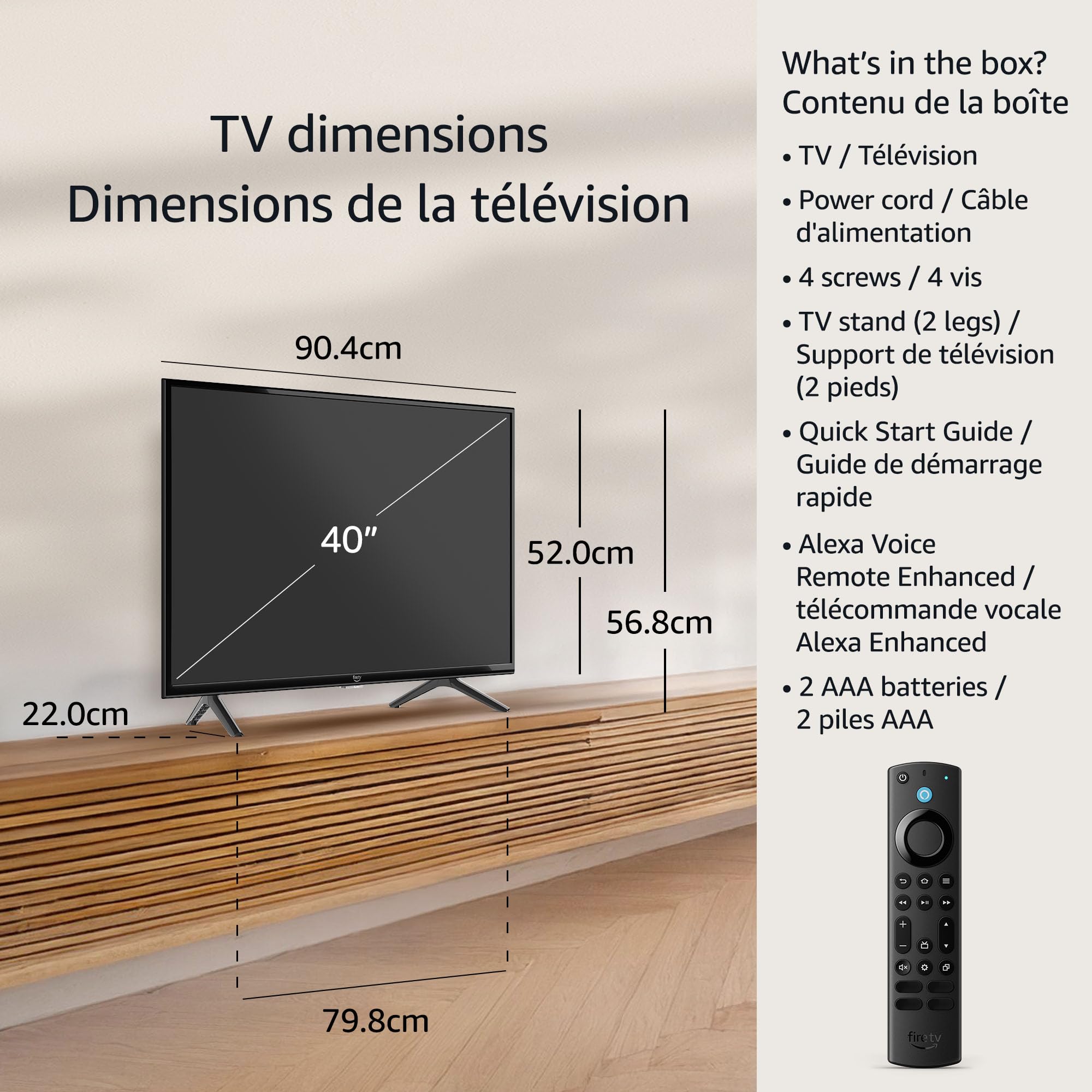 Amazon Fire TV 40 inch smart TV with dimensions and included accessories like remote and power cord