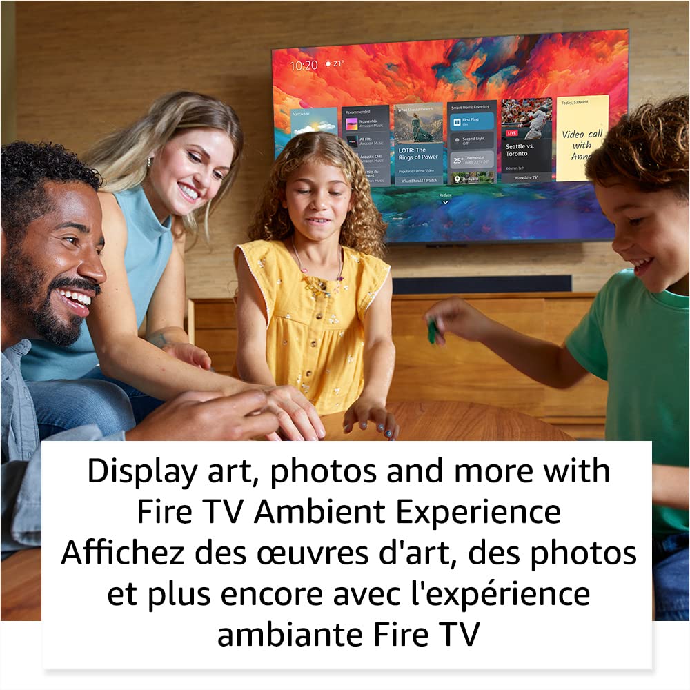 Family enjoying entertainment displayed on Amazon Fire TV 50 inch QLED with vibrant screen and ambient experience