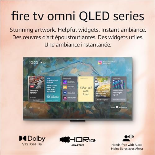 Amazon Fire TV 50 inch QLED displaying widgets and artwork with Dolby Vision IQ and HDR10 plus
