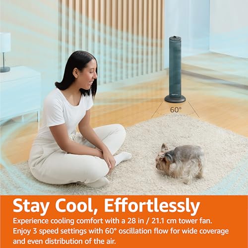 Oscillating tower fan with remote by craques shown in living room cooling woman and small dog