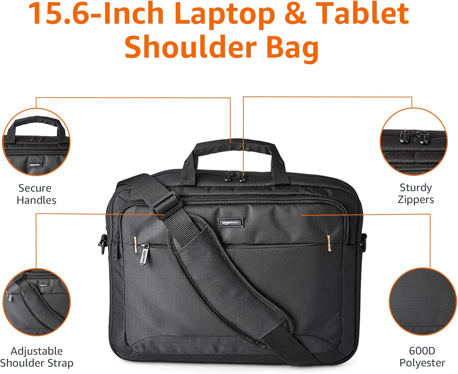 Craques black laptop carrying case 15.6 inch with adjustable shoulder strap and sturdy zippers