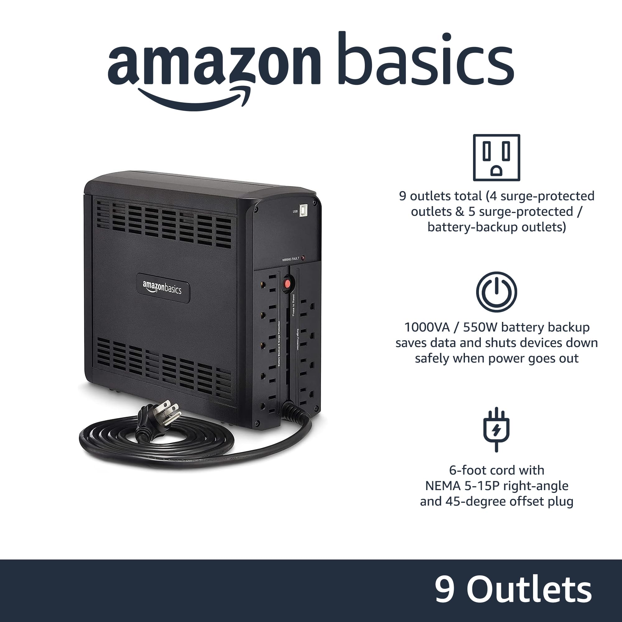 Amazon Basics line interactive UPS 1000VA with 9 outlets and 6-foot power cord by craques
