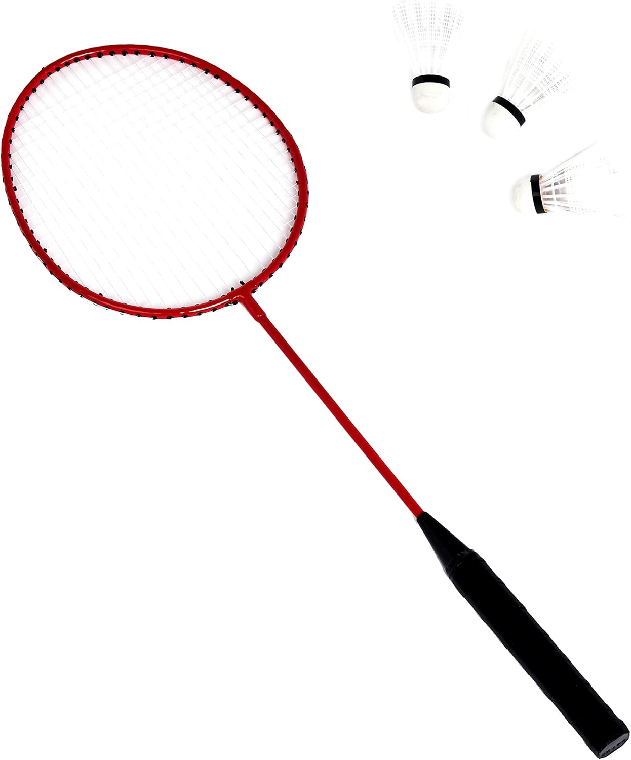 Red badminton racket with black handle and three white shuttlecocks from outdoor volleyball and badminton set