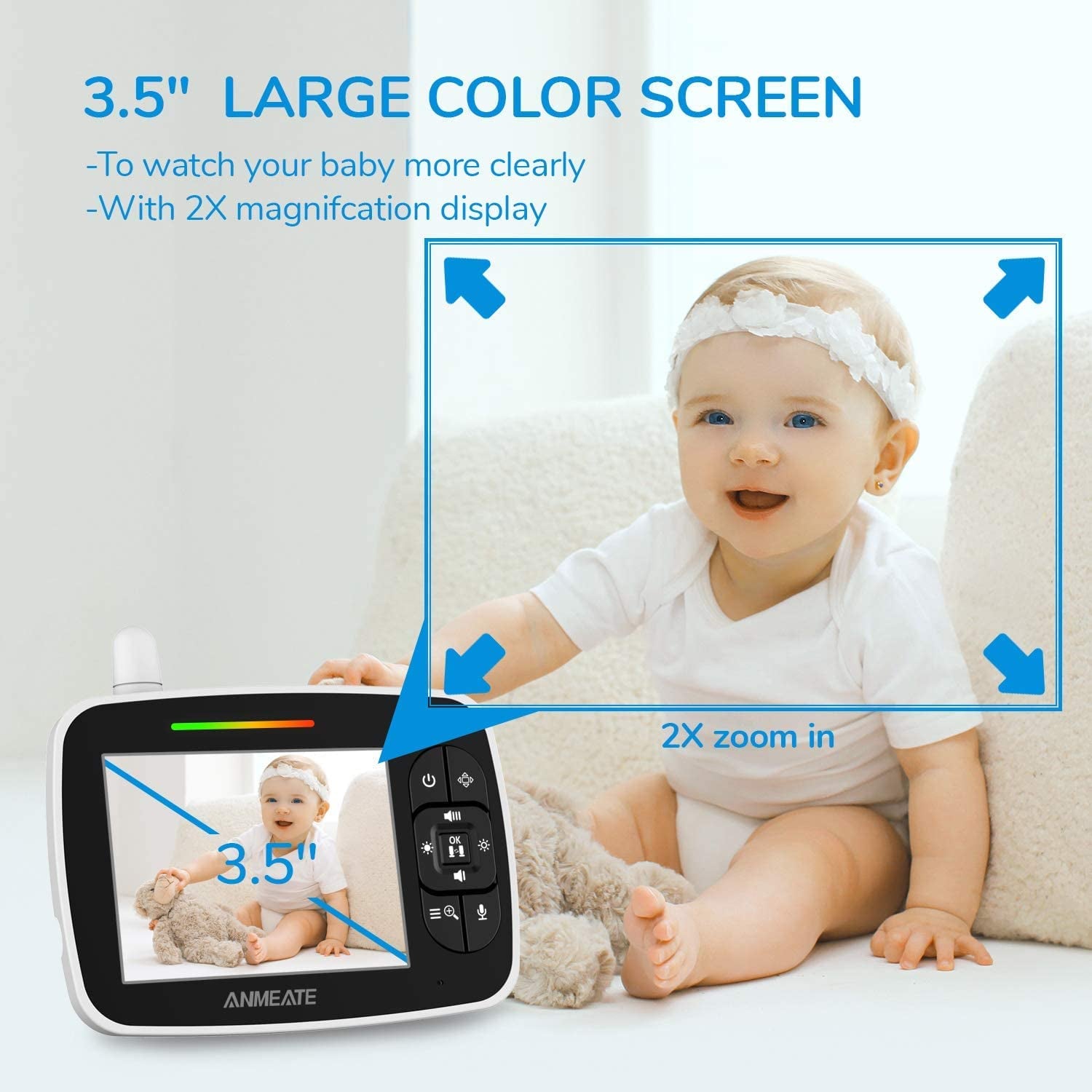 Craques baby monitor with camera and audio featuring 3.5 inch large color screen and 2X zoom