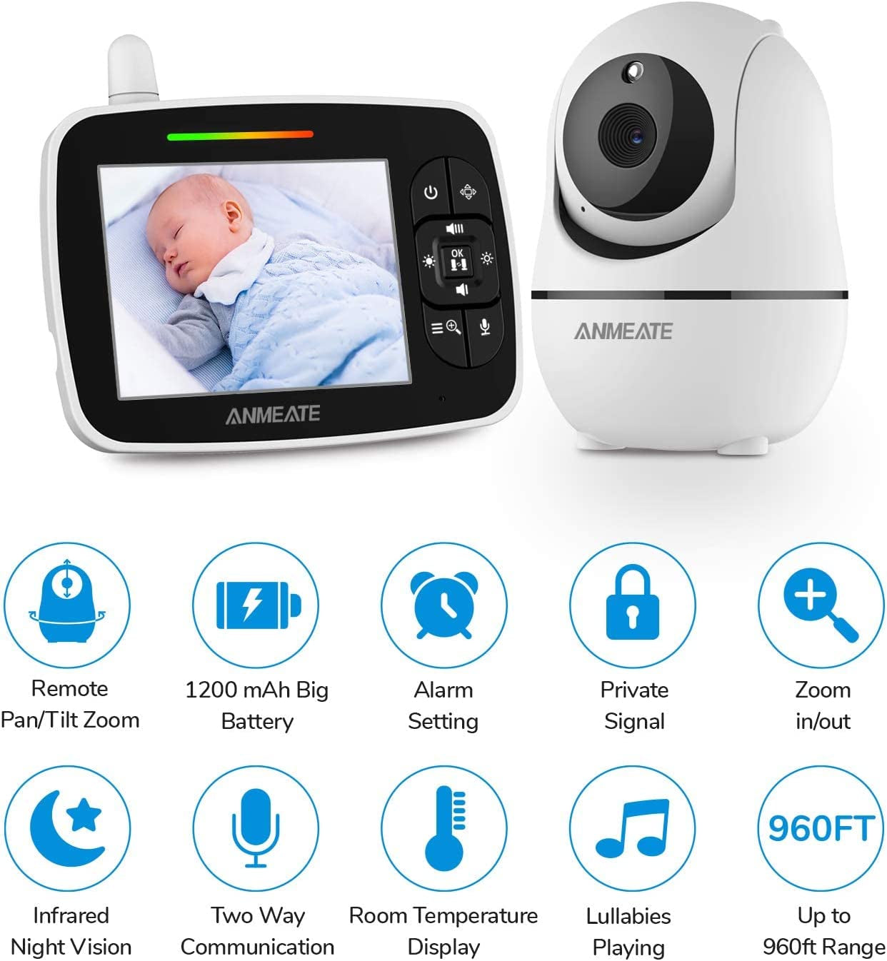 Craques baby monitor with camera and audio featuring remote pan tilt zoom and two way communication