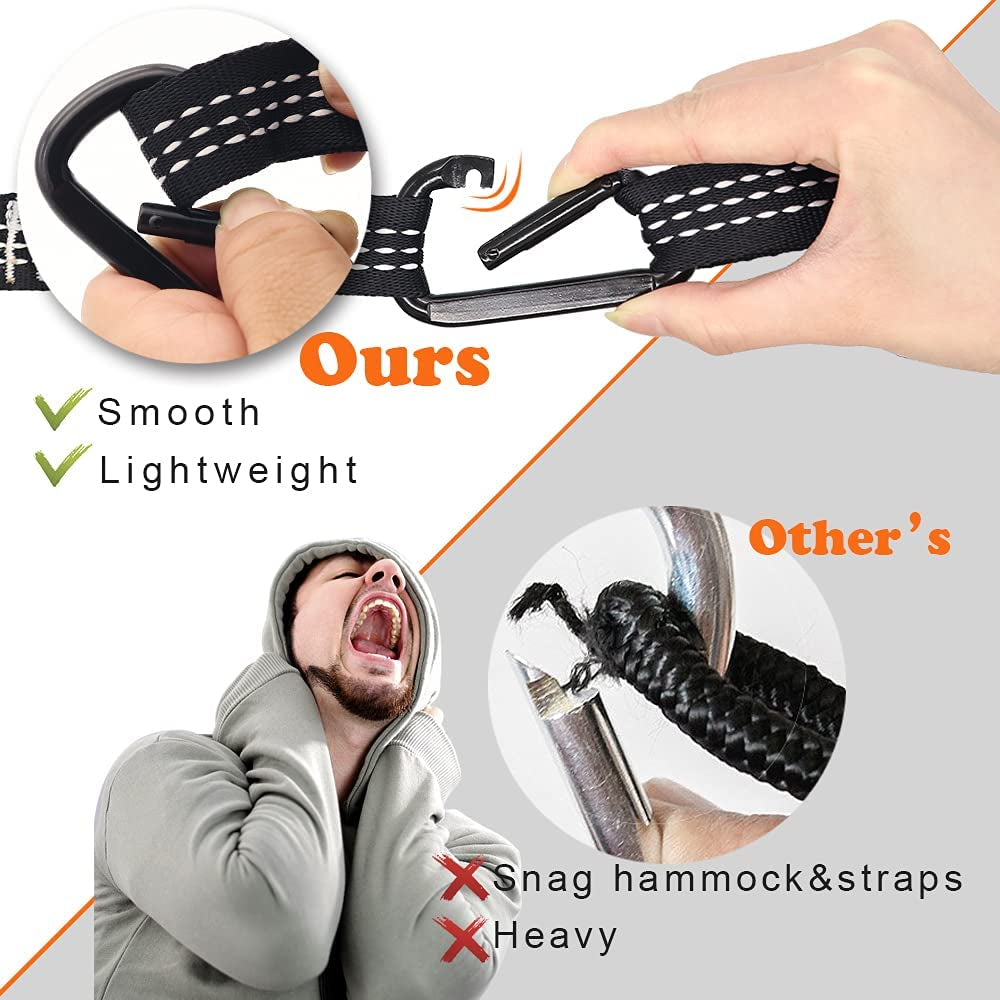 Lightweight camping hammock carabiner showing smooth lightweight design versus heavy snagging straps