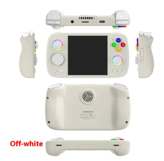 Off-white handheld portable game console with colorful buttons and removable side controllers