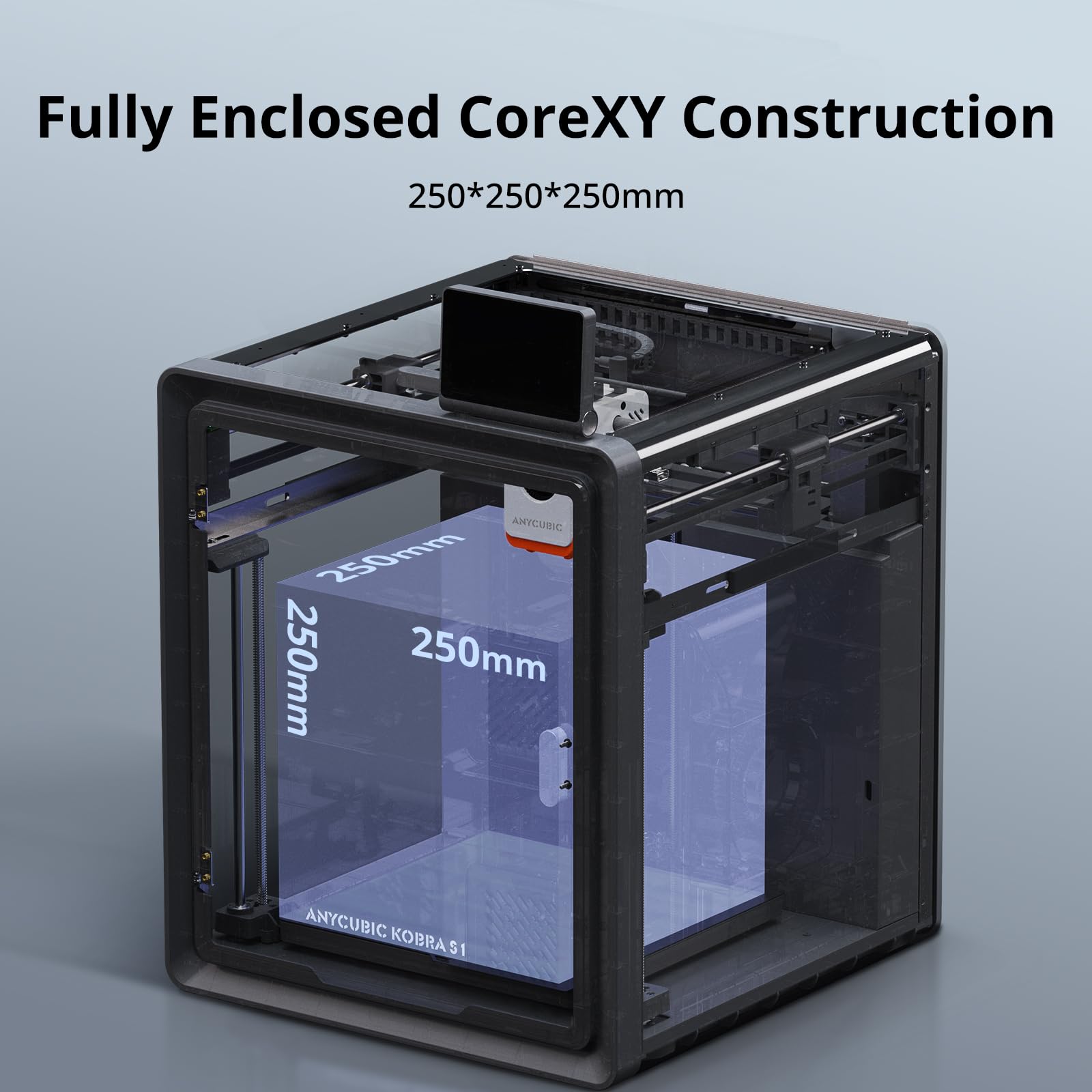 Anycubic Kobra S1 3D printer with fully enclosed CoreXY construction and 250 by 250 by 250 millimeter build volume