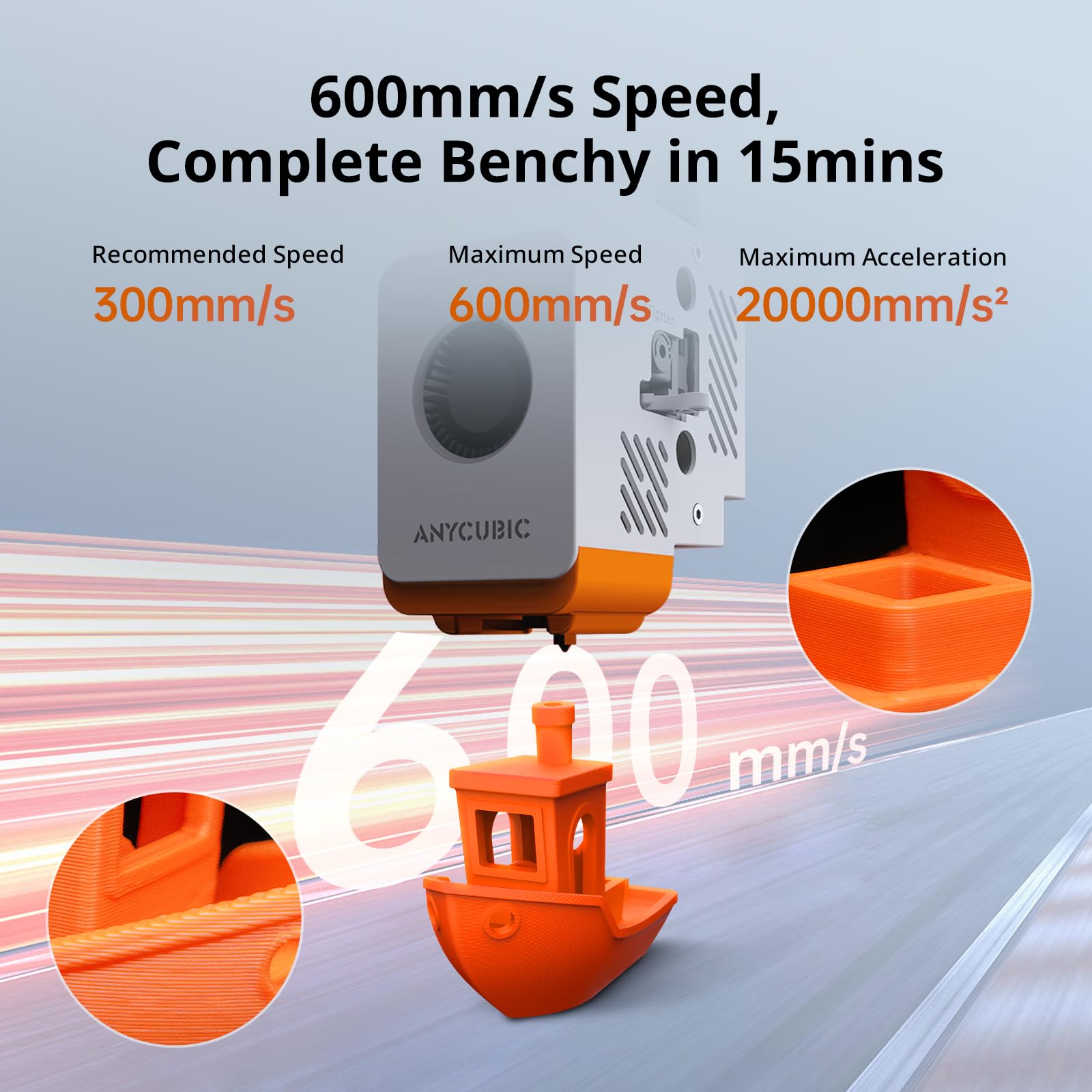 Anycubic Kobra S1 3D printer showcasing fast 600mm/s speed with detailed orange 3D printed boat