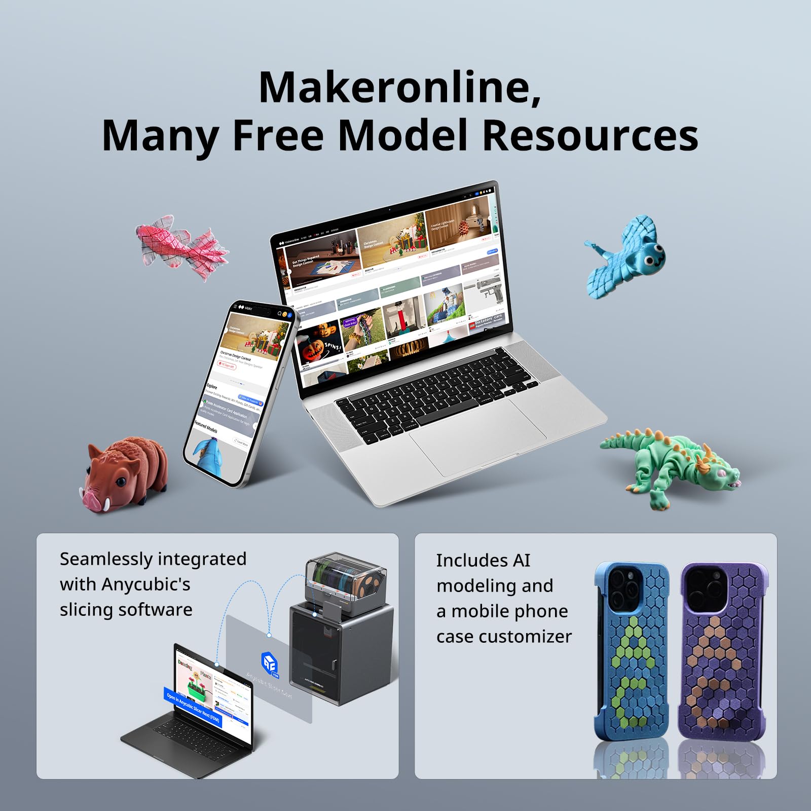 Anycubic Kobra S1 3D printer with AI modeling and mobile phone case customizer shown alongside laptop and smartphone display