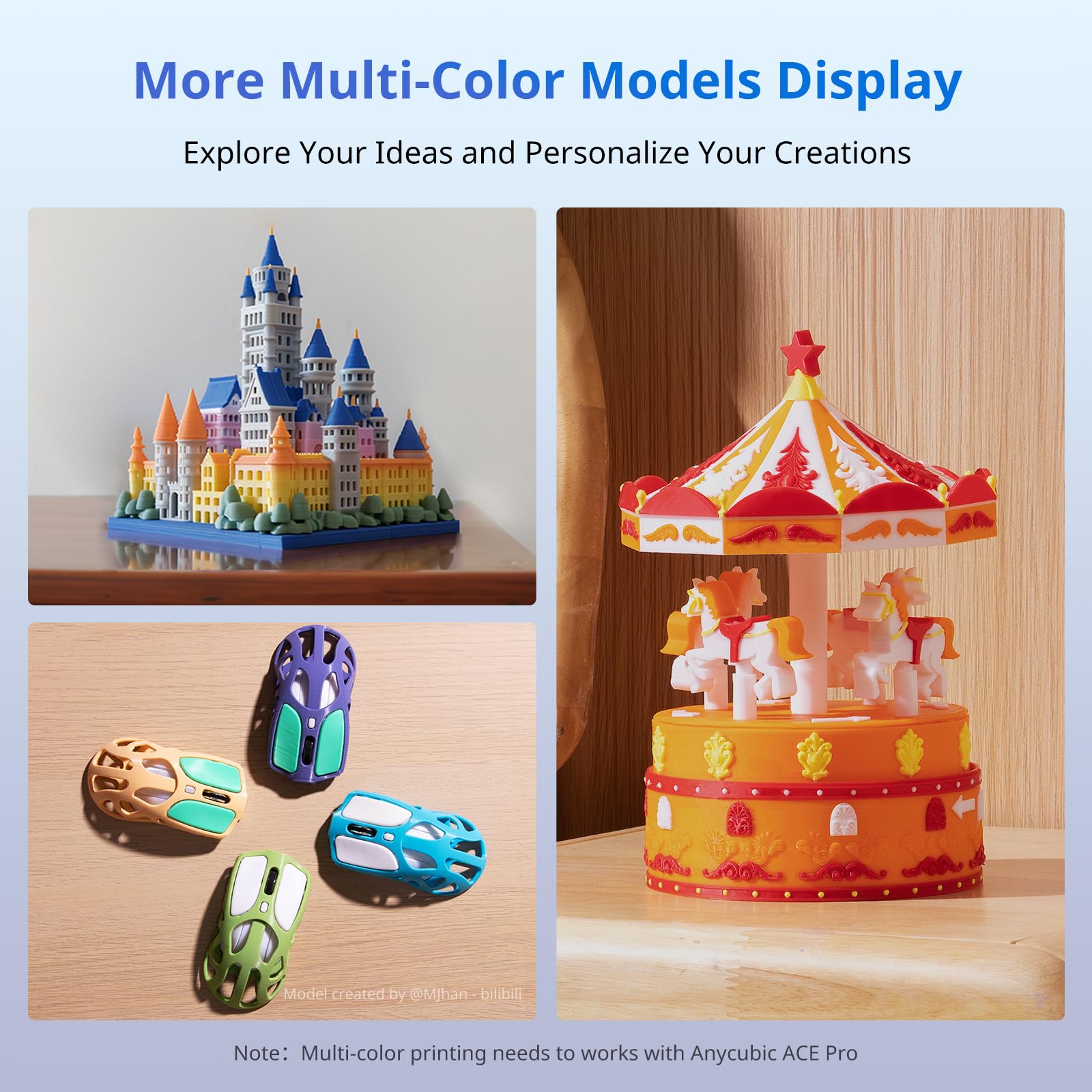 Multi-color 3D printed models including a castle, carousel, and decorative pieces created with Anycubic Kobra S1 3D printer