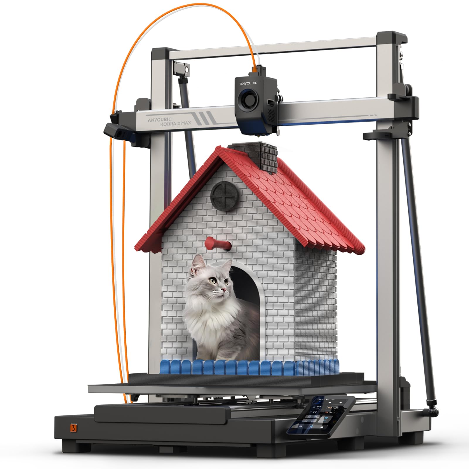 Anycubic Kobra S1 3D printer printing a detailed cat house with a cat inside
