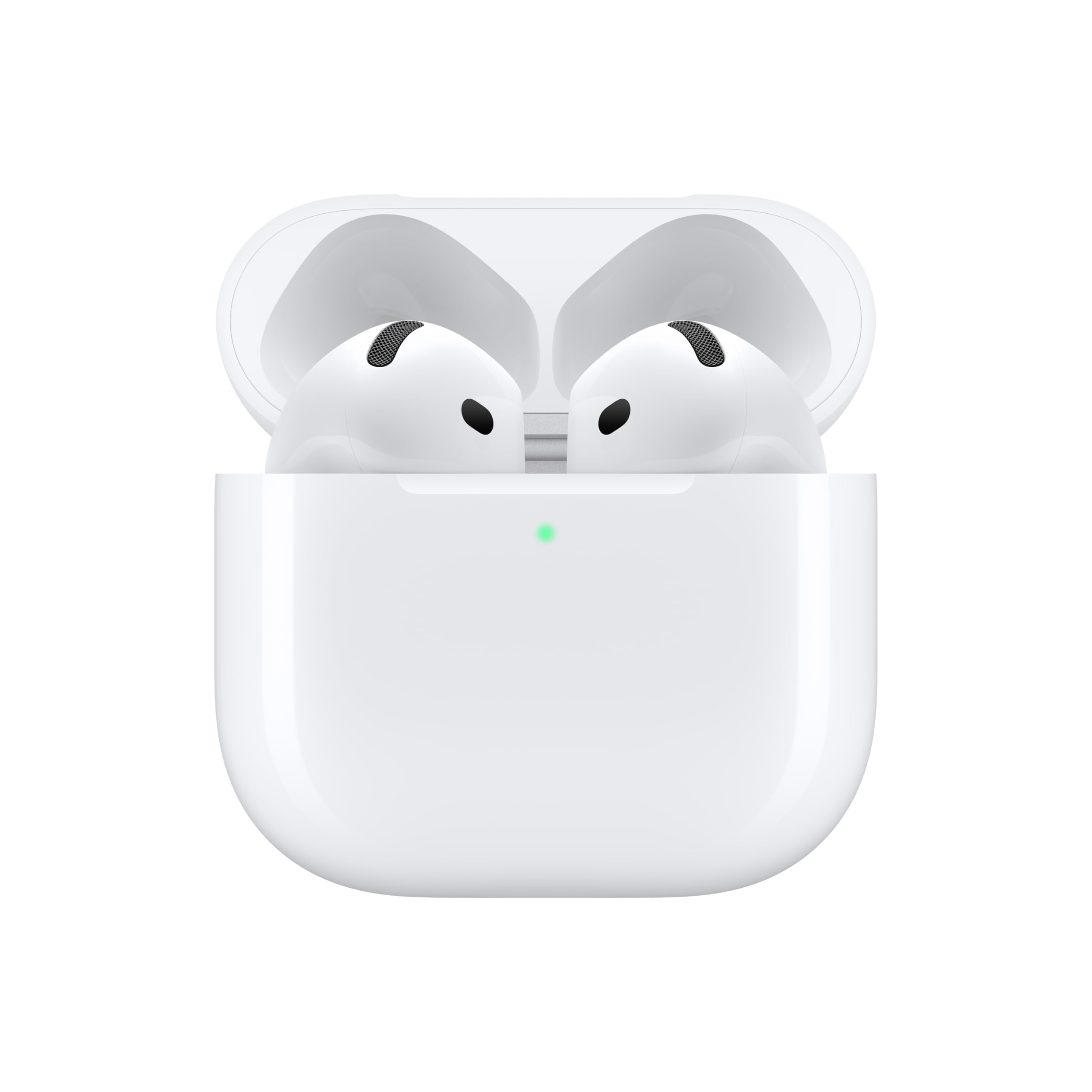 Apple AirPods 4 wireless earbuds in white with open charging case and LED indicator light