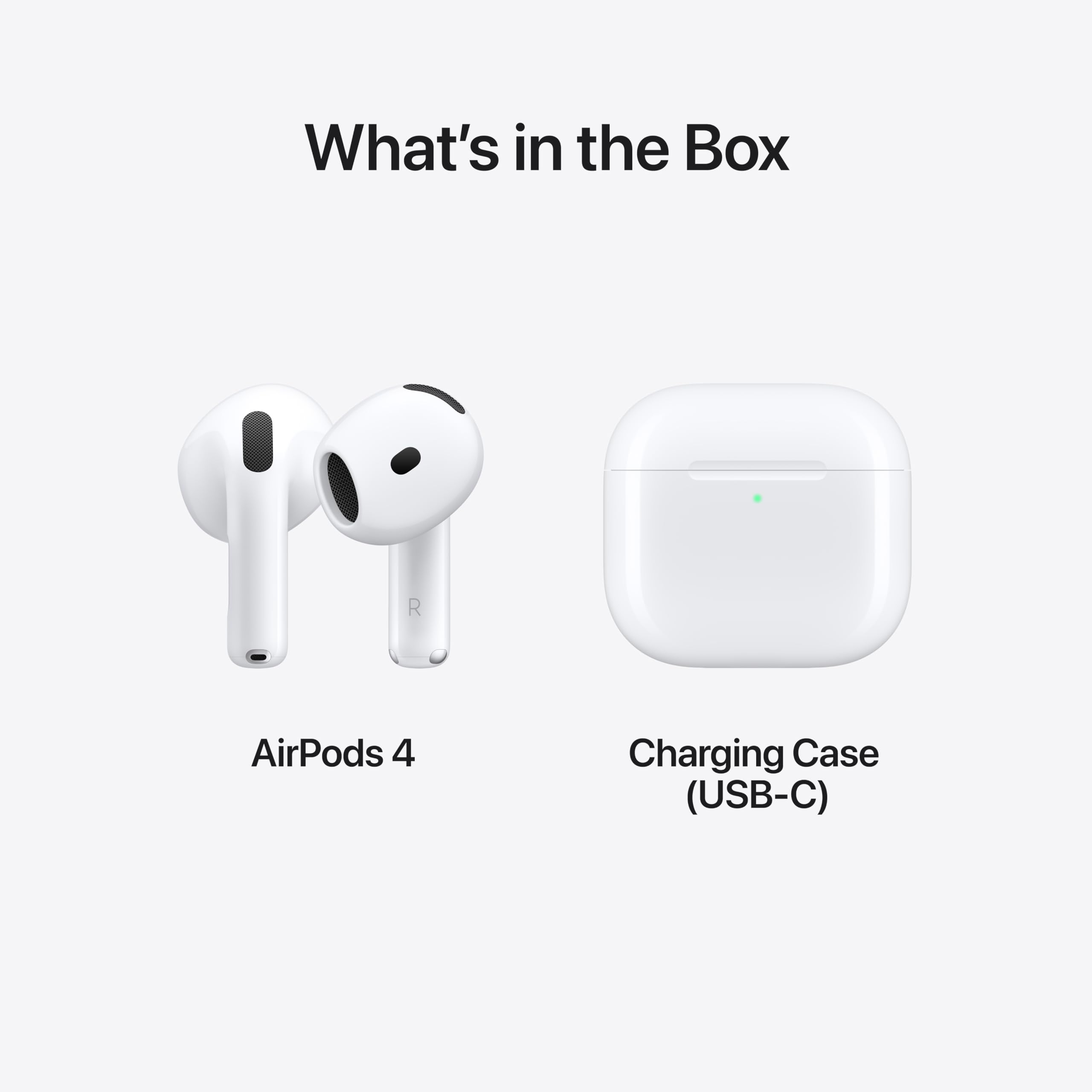 Apple AirPods 4 wireless earbuds with white charging case featuring USB-C connector