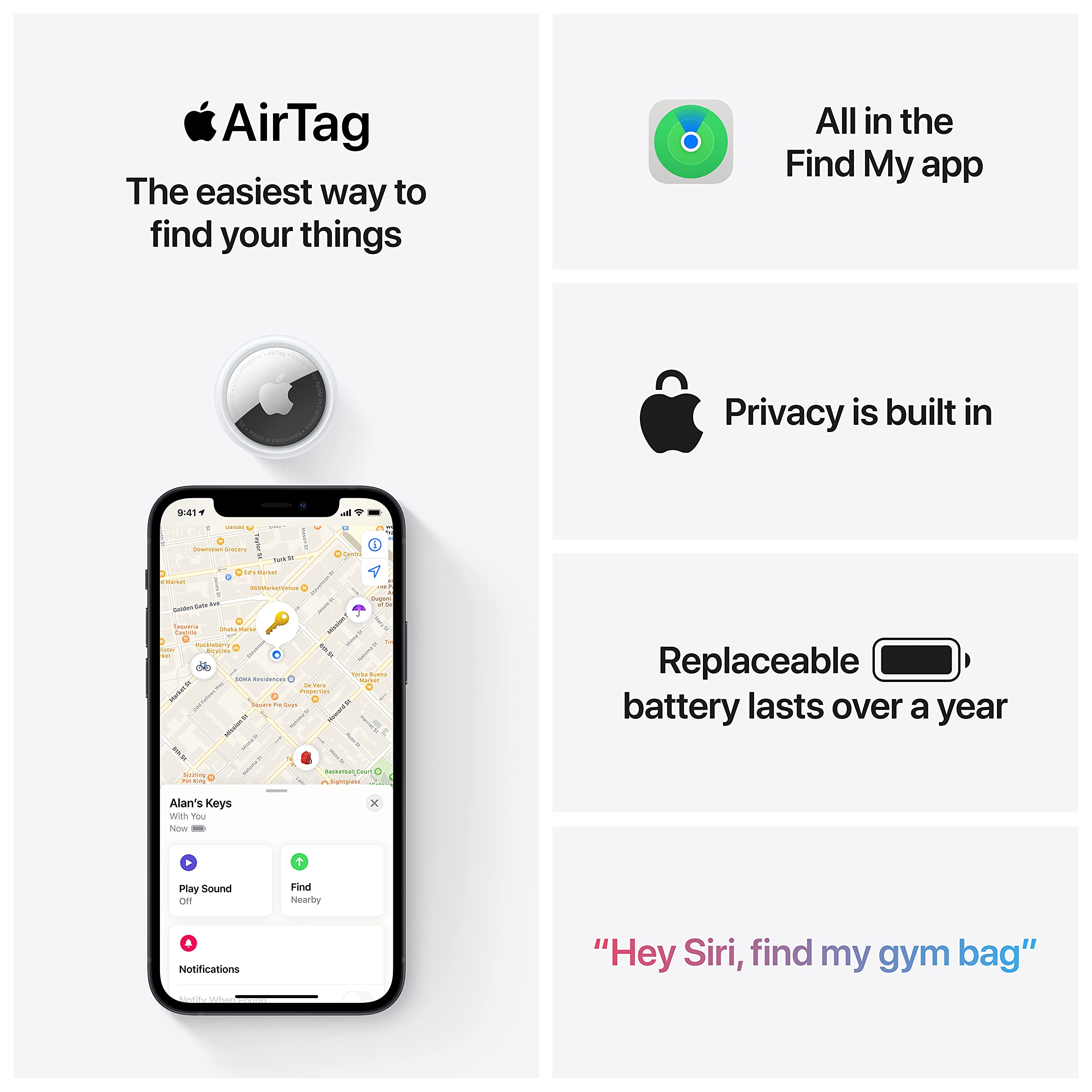 Apple AirTag single pack showing easy tracking with Find My app and privacy features
