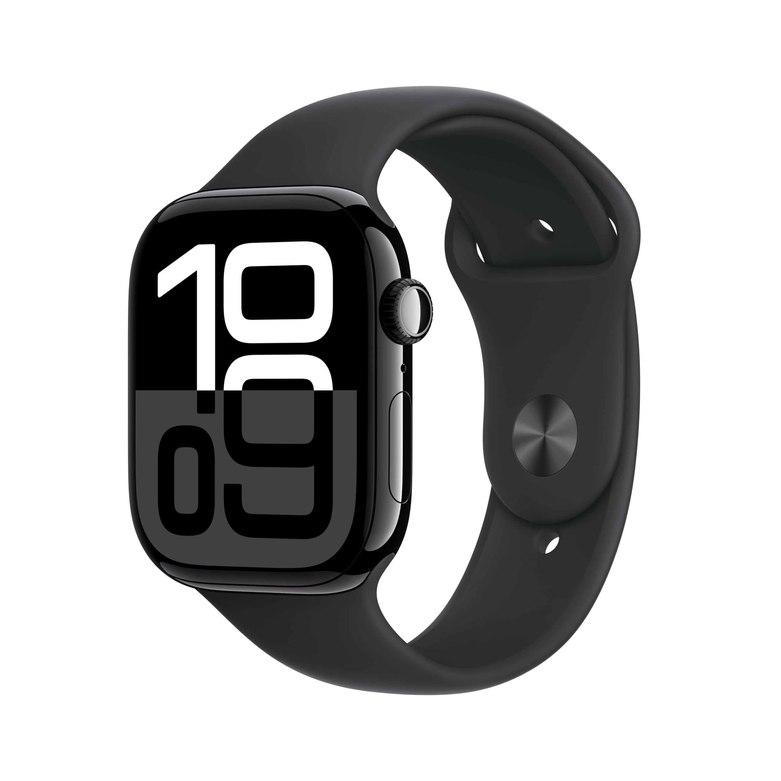 Apple Watch Series 10 GPS with black sport band and bold digital time display
