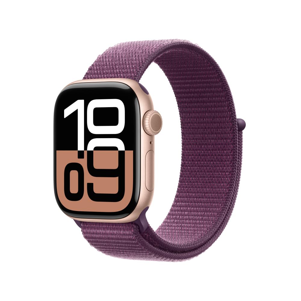 Apple Watch Series 10 GPS with gold aluminum case and purple woven strap