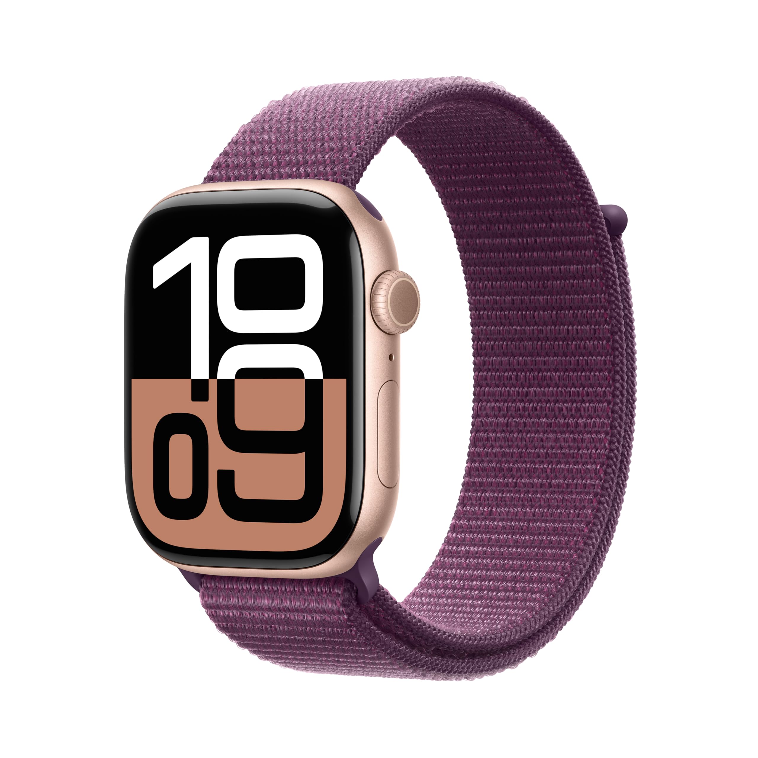 Apple Watch Series 10 GPS with gold aluminum case and purple sport loop band