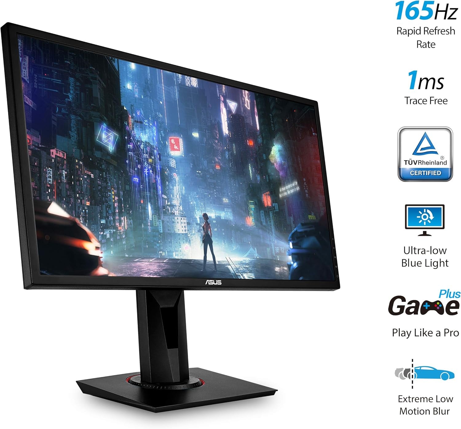 24 inch G-SYNC gaming monitor by craques displaying a futuristic cityscape with fast refresh and low blue light