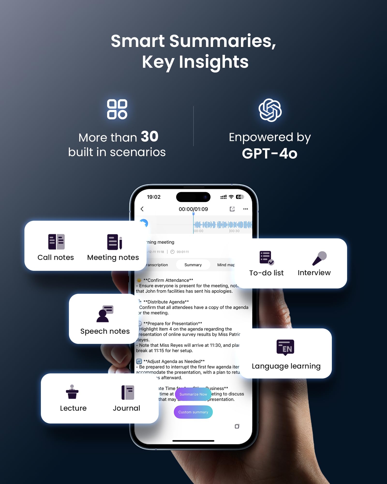 Craques AI voice recorder with transcription showing smart summaries and key insights on mobile app interface