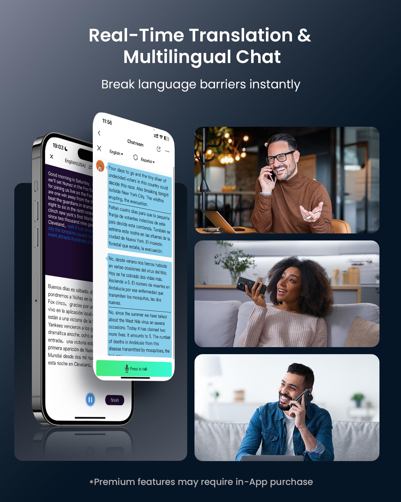 AI voice recorder with transcription showing real-time translation and multilingual chat on smartphone with diverse users talking