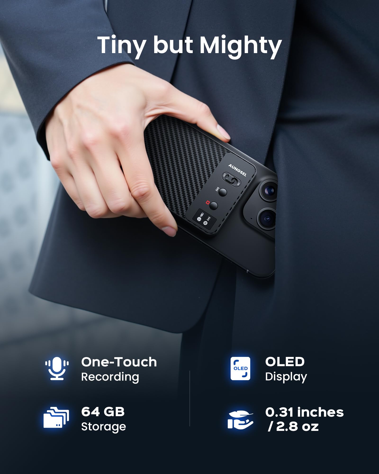 Craques AI voice recorder with transcription clipped to a black jacket pocket with one-touch recording and OLED display