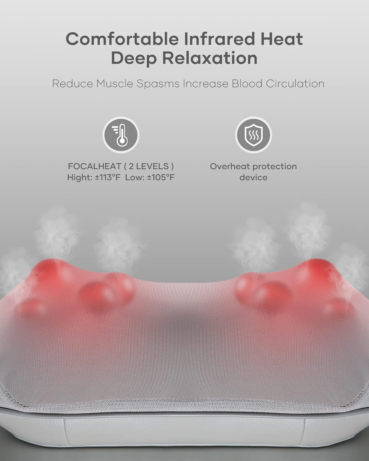 Craques back massager with heat showing infrared heat massage nodes for deep muscle relaxation