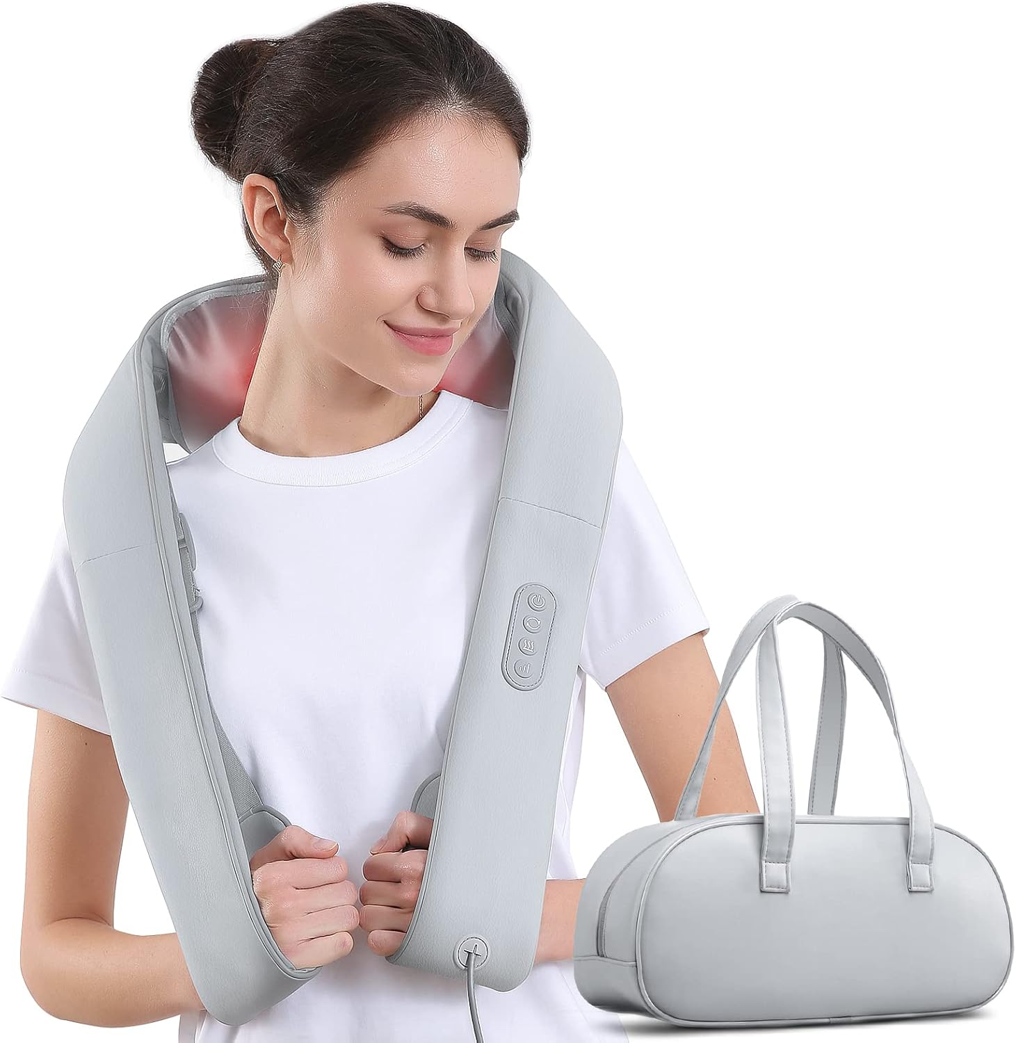 craques back massager with heat worn by woman in white shirt with gray carrying case