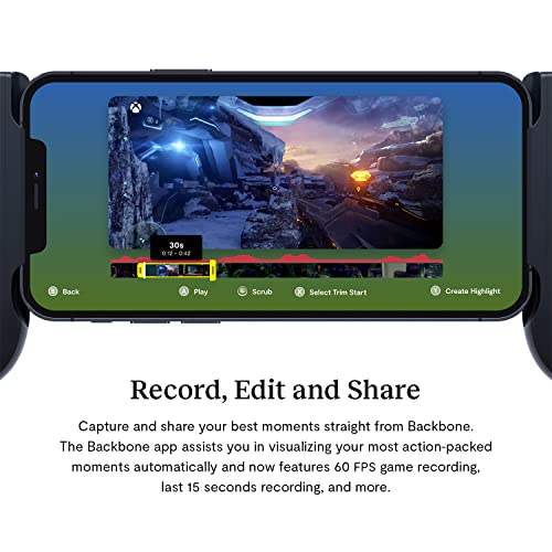 BACKBONE One controller for Android showing gameplay recording and editing features on a smartphone