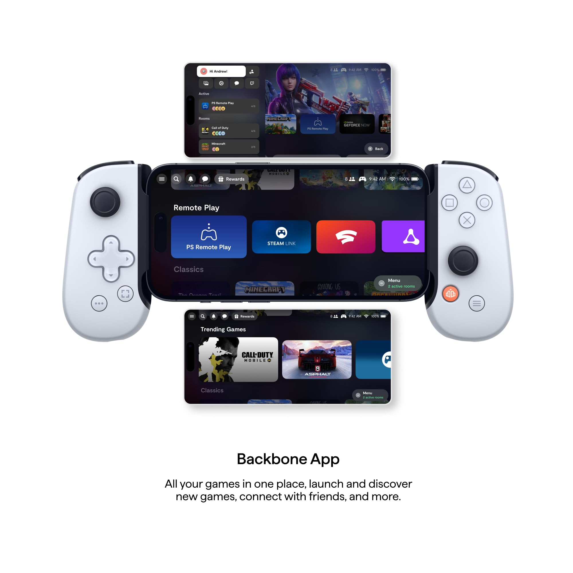 BACKBONE One controller for Android attached to smartphone showing gaming app interface with game selections