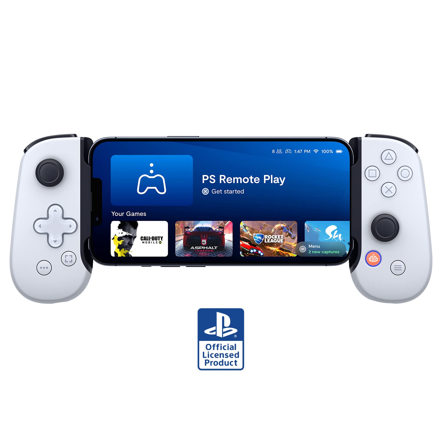 BACKBONE One controller for Android attached to smartphone displaying PS Remote Play app with games