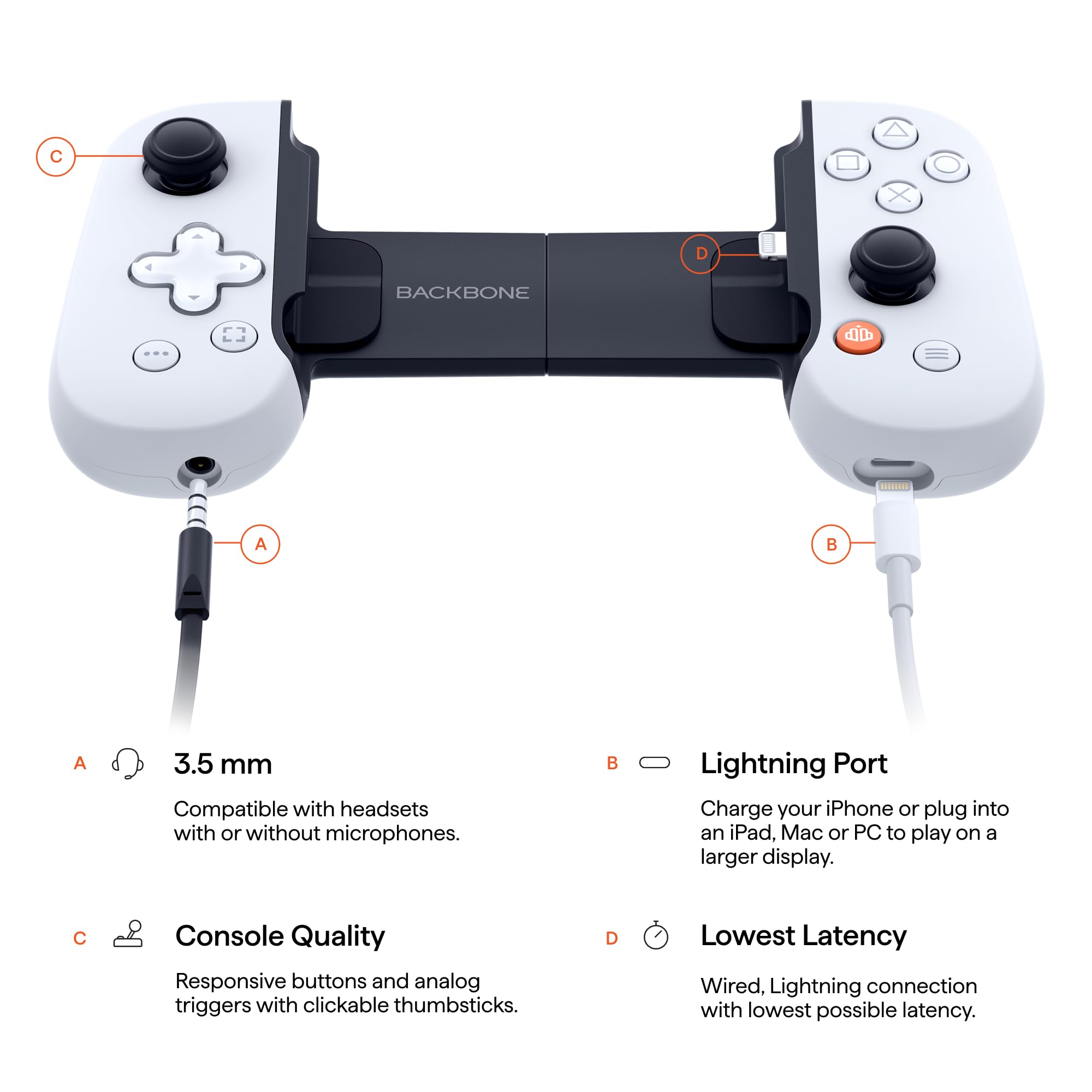 BACKBONE One controller for Android with responsive buttons, analog triggers, 3.5 mm headset jack, and lightning port for low latency