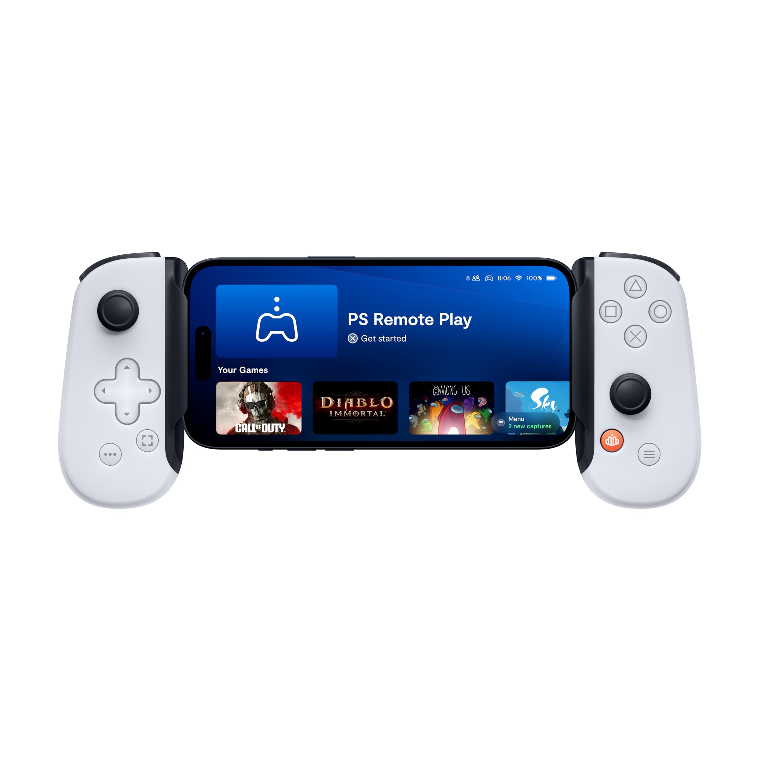 BACKBONE One controller for Android with smartphone attached displaying PS Remote Play and game icons