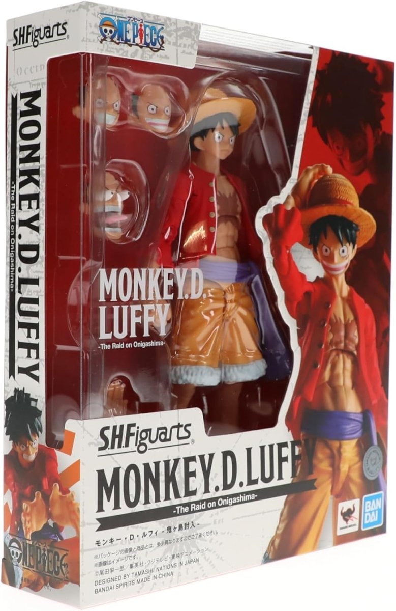 Monkey D. Luffy action figure from SHFiguarts in red jacket and yellow shorts with interchangeable faces