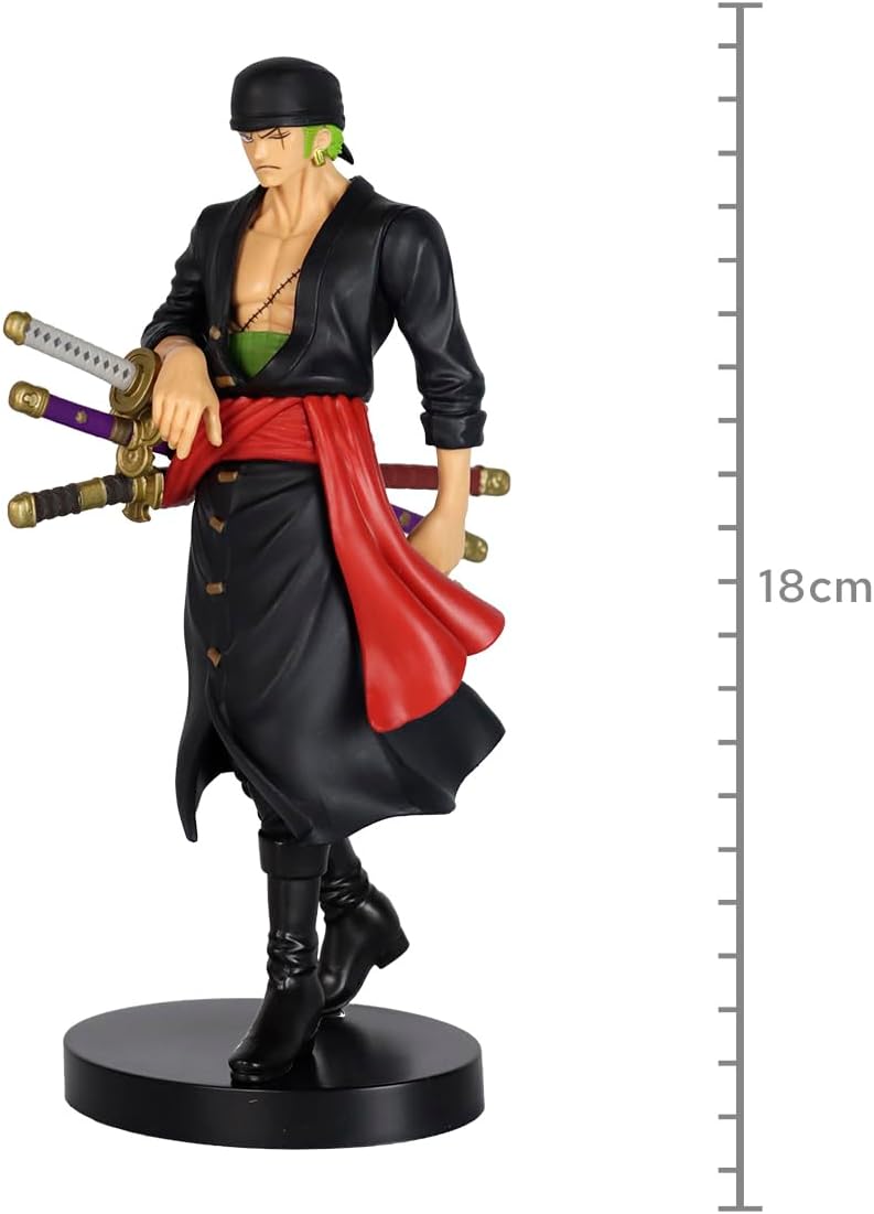 Banpresto One Piece Zoro figure in black outfit with three swords and red sash standing on round base