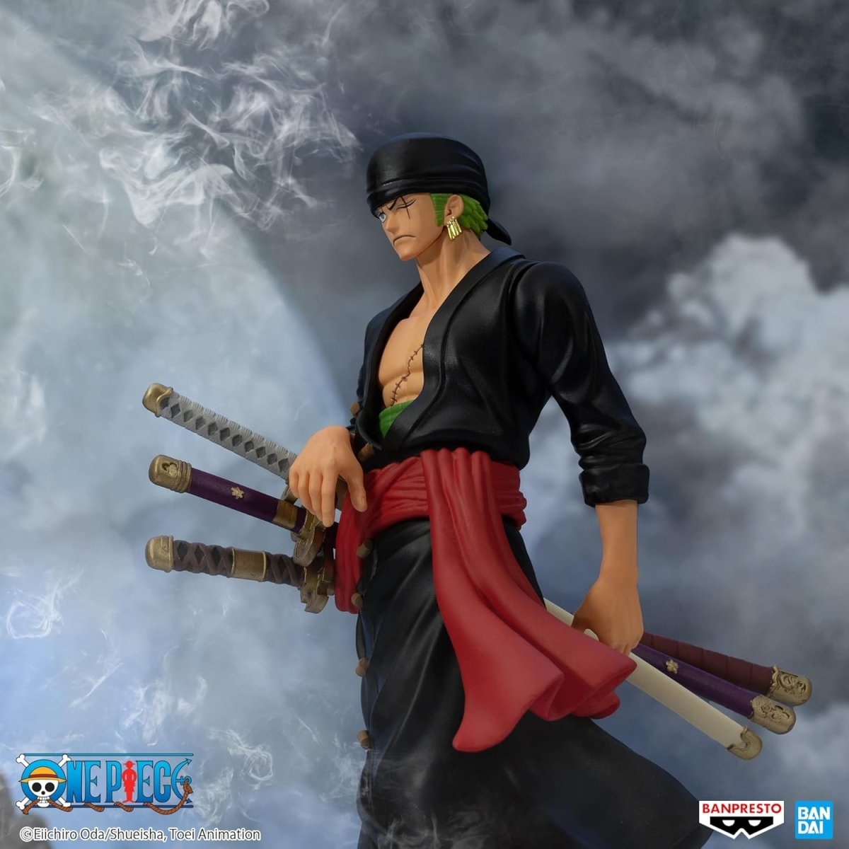 Banpresto One Piece Zoro figure with black outfit and three swords in smoky background