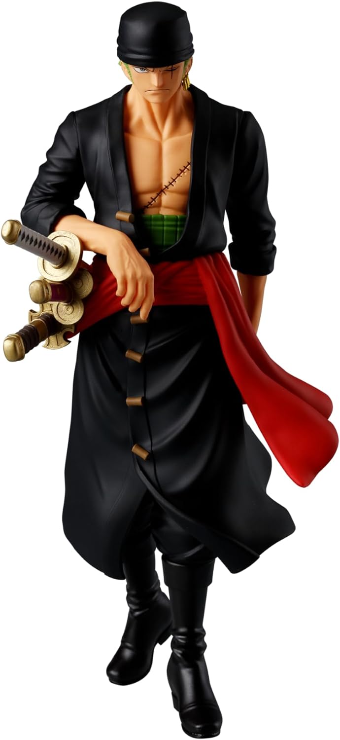 Banpresto One Piece Zoro figure wearing black outfit with swords and red sash collectible statue
