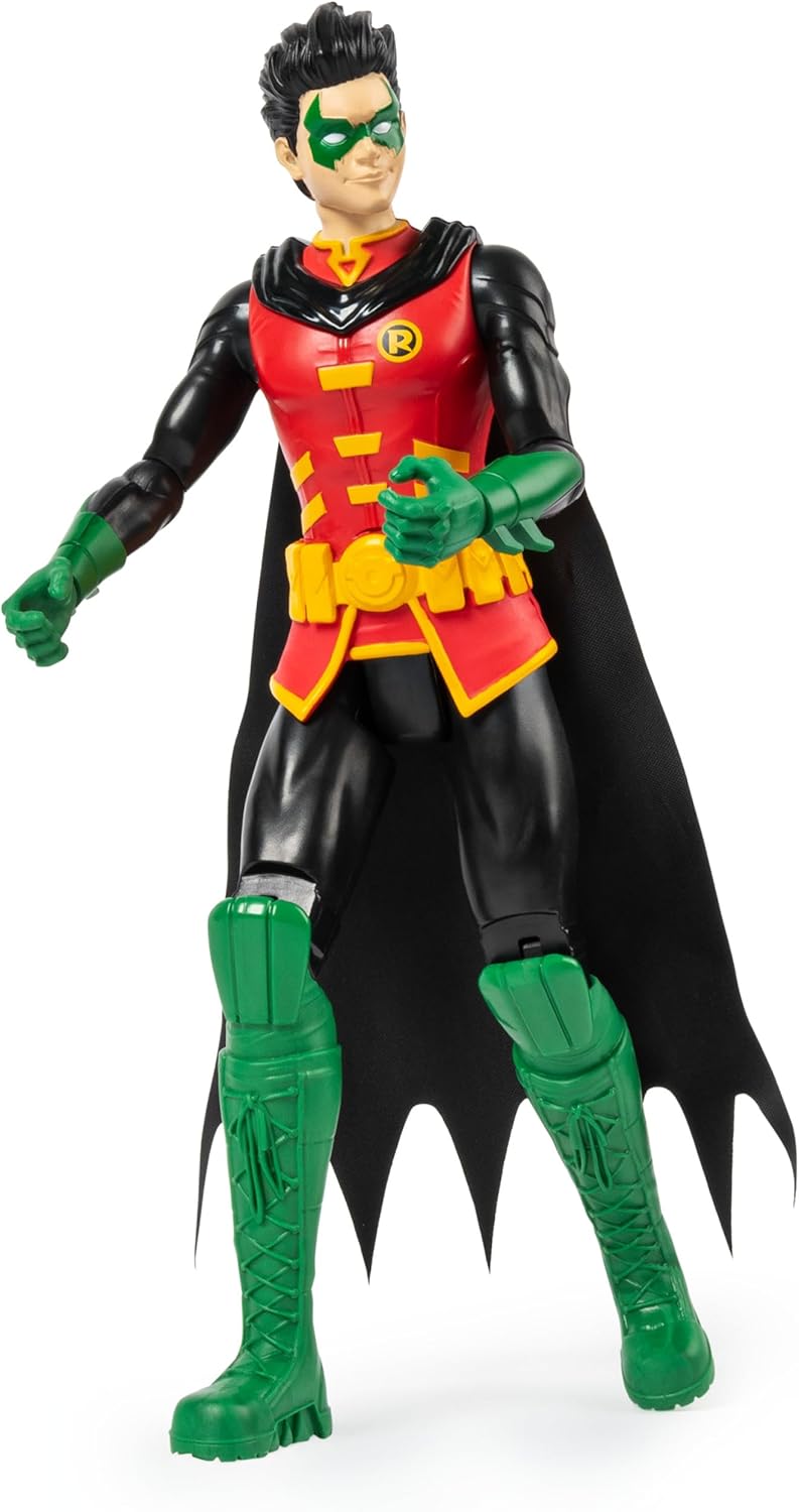 Batman 12 inch action figure set featuring Robin in red, black, and green costume with cape
