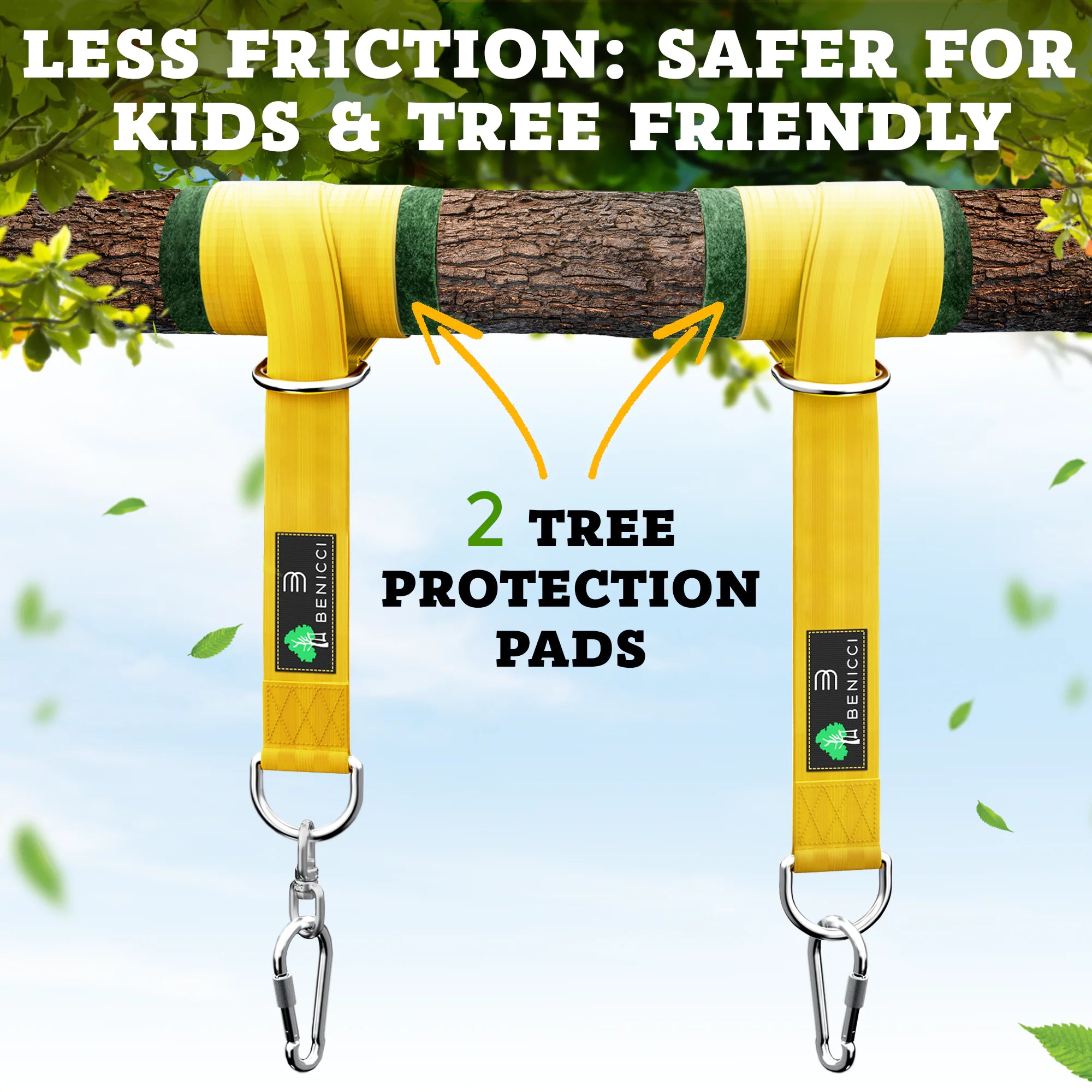 Craques tree swing hanging kit with two yellow tree protection pads for safer use and less friction