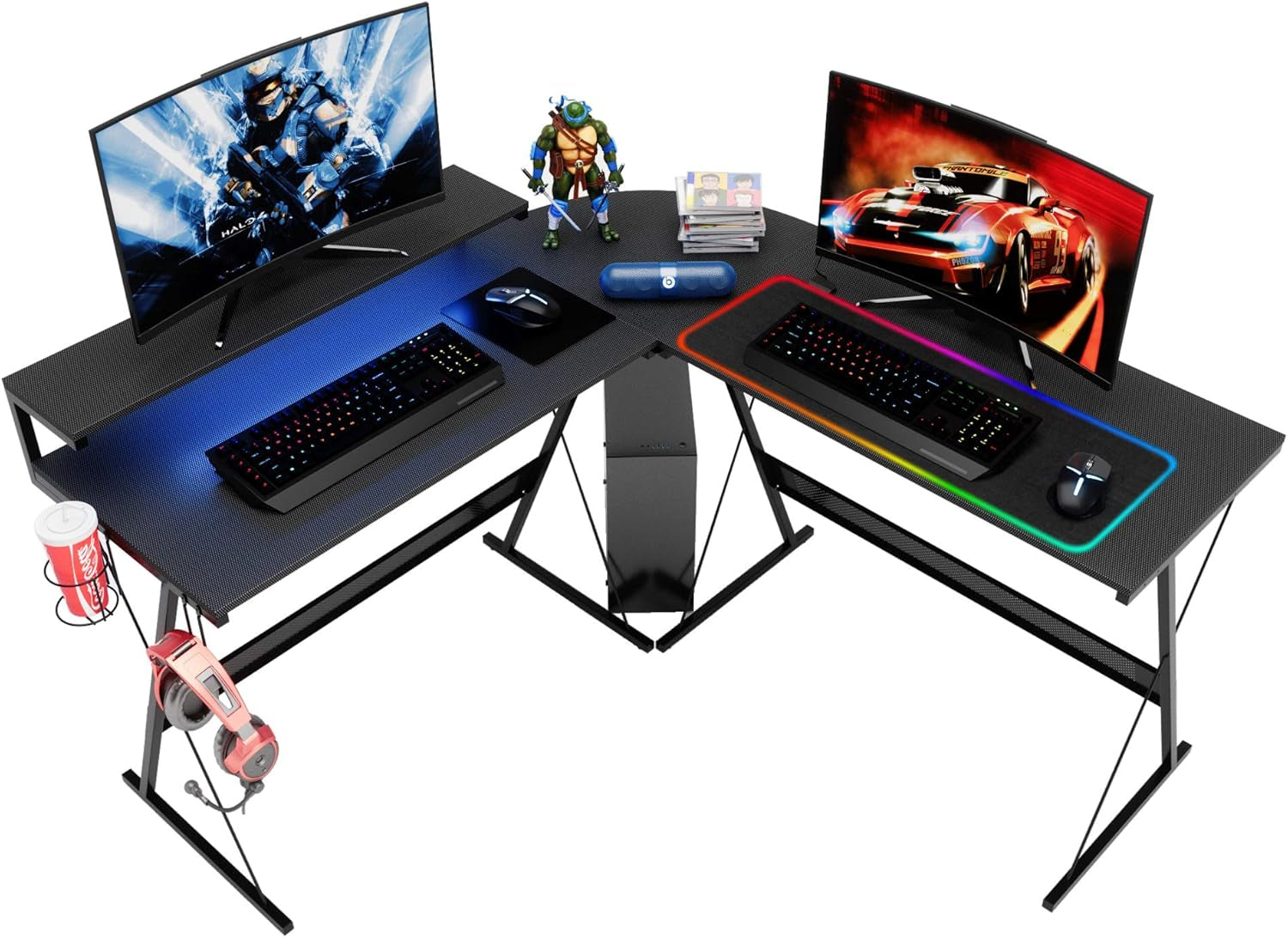 Craques L shaped gaming desk with LED featuring dual monitors, RGB keyboard, mousepad, and headset holder
