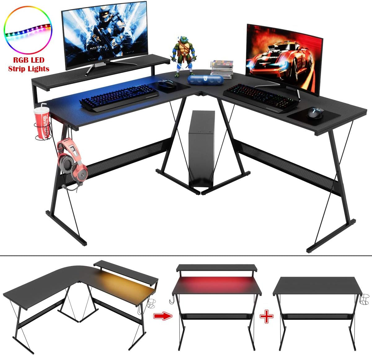 L shaped gaming desk with LED featuring RGB strip lights, dual monitor setup, and accessories