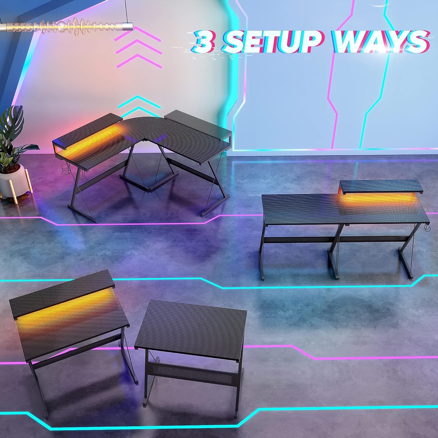 Craques L shaped gaming desk with LED lighting shown in three setup configurations in a modern gaming room