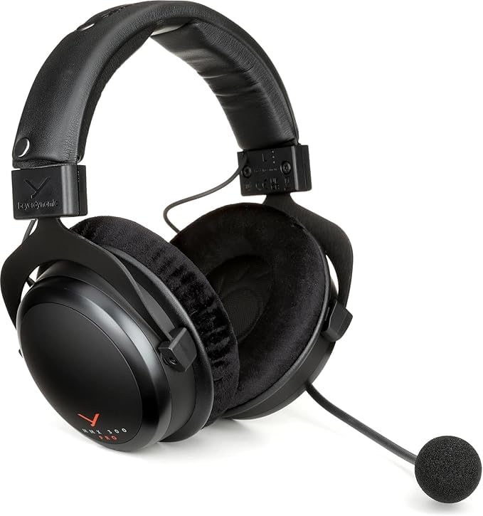 Black beyerdynamic MMX 300 PRO gaming headset with padded ear cushions and attached microphone